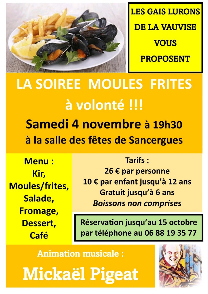 soirée moules frites Sancergues 4 novembre 2023