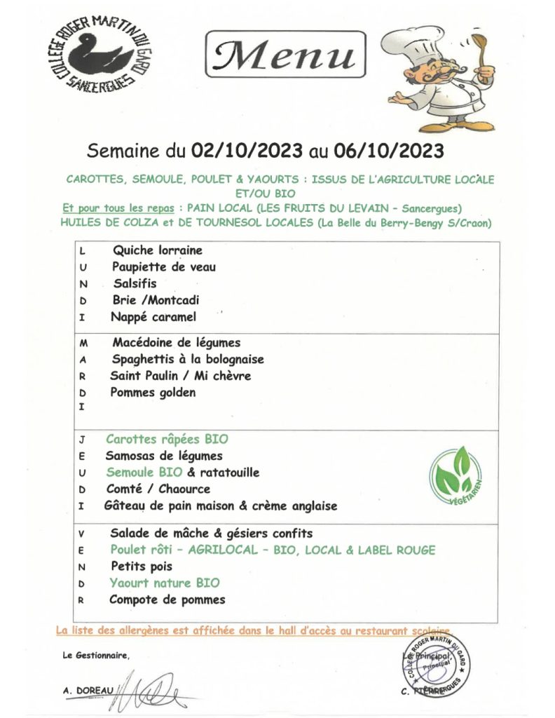 menu cantine octobre 2023