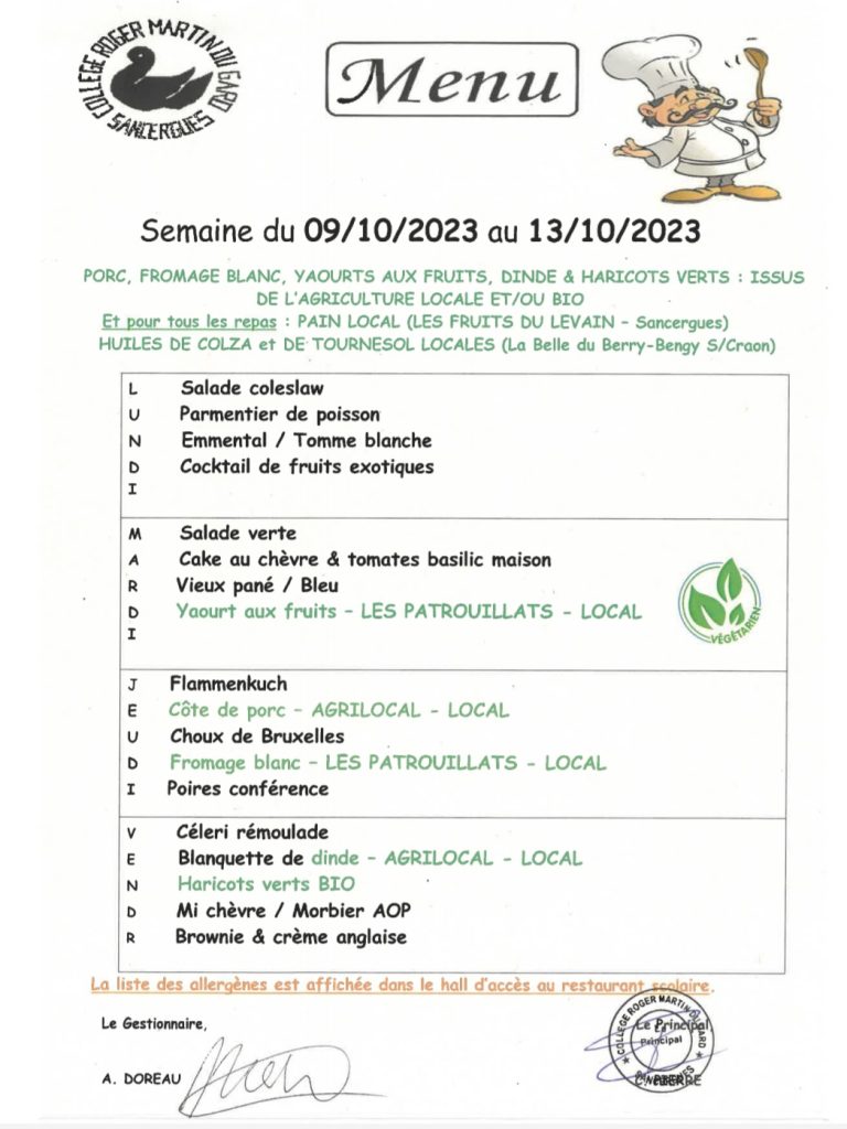 menu cantine octobre 2023