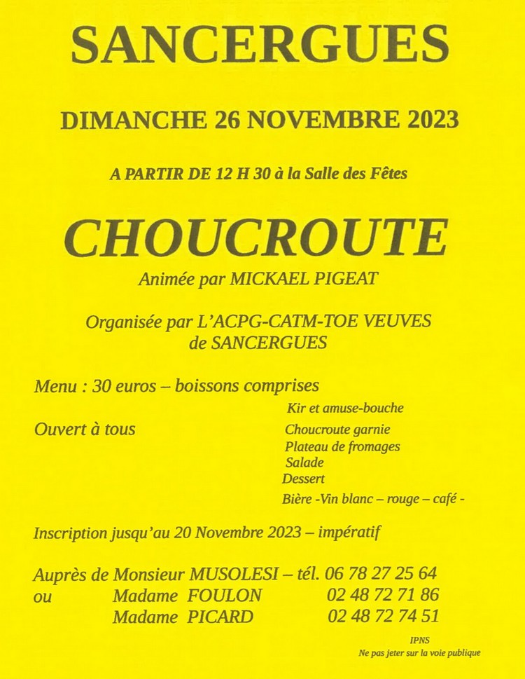 Choucroute Sancergues 26 novembre 2023